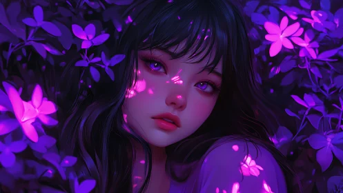 Midnight blossom dreamer bathed in neon moon petals.