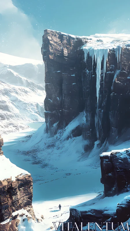 Lone figure crossing vast frozen canyon under cliffs.