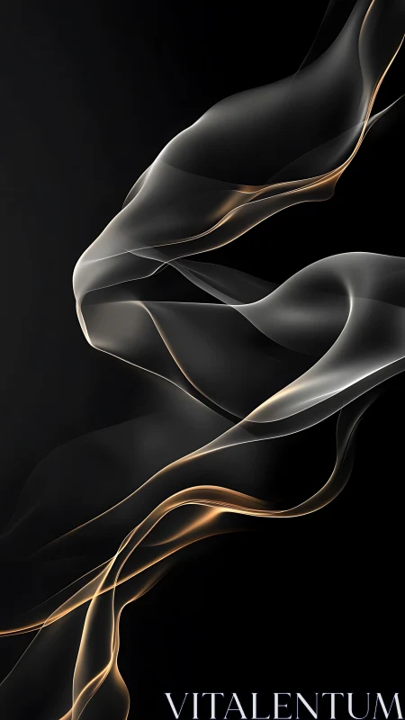 Luminous smoke ribbons on black minimalist abstract background.