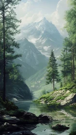 Majestic snow-capped mountain rises above tranquil forest valley.