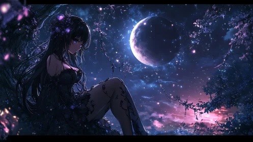 Nocturnal anime figure under crescent moonlit nebula sky