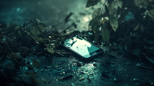 Smartphone lies on wet ground among leaves at night