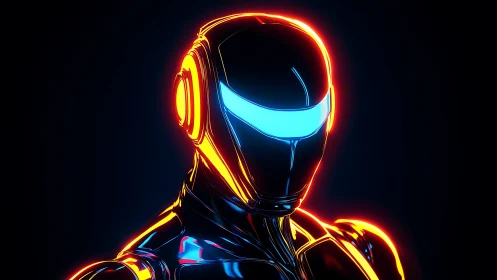 Neon-lit chrome android portrait glows against black void