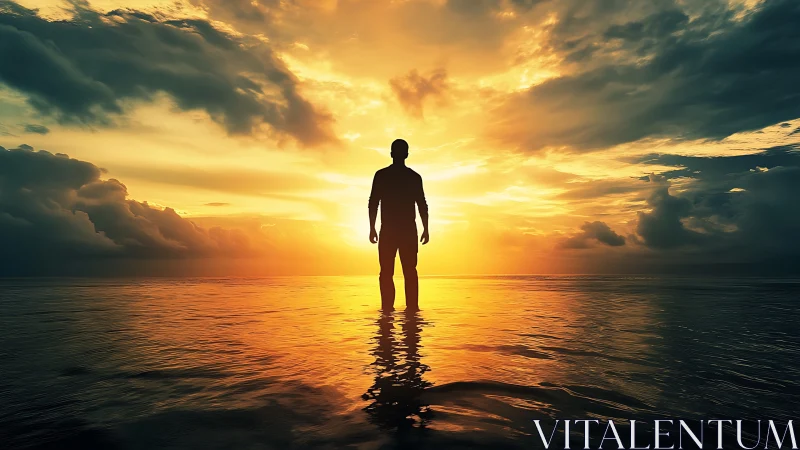 Silhouette of solitary figure over reflective sea at sunset.