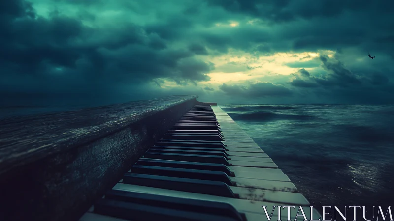 Surreal piano pier extending into stormy turquoise sea.