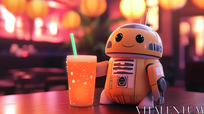 Cute orange robot sharing glowing drink in neon cafe.