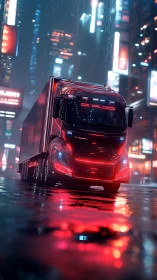 Futuristic red semi truck under neon city rain at night.