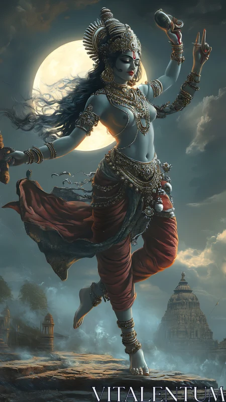 Moonlit celestial dancer swirling above ancient temple skies.