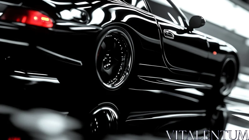 Gloss black sports coupe under studio strip lighting profile.