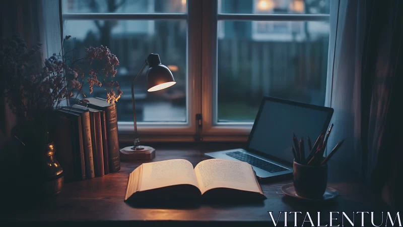 Open book glows under lamplight in a tranquil evening study