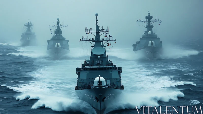 Warships advance in tight formation through stormy seas.