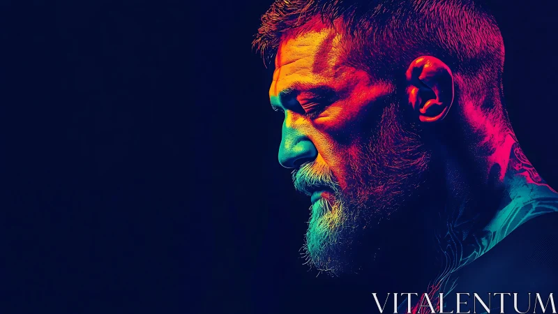 Profile portrait shows bearded man in neon duotone light