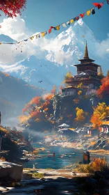 Peaceful mountain temple beside a bright autumn river valley.