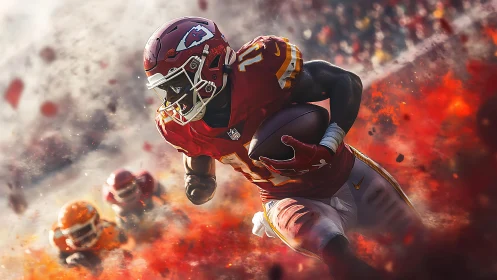 Blazing gridiron sprint through swirling stadium firestorm.