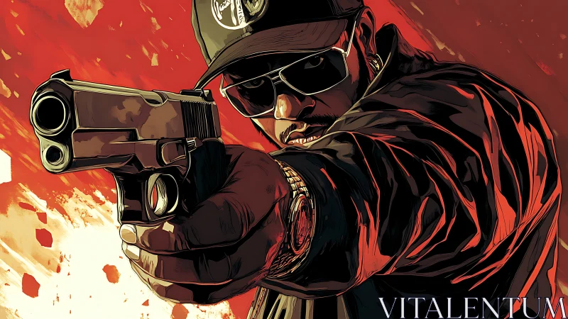 Gunman in blazing red standoff, stylized urban intensity.