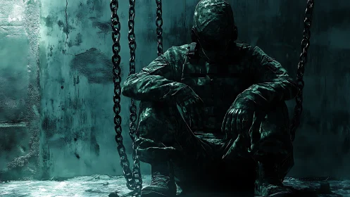 Camouflaged soldier in chains under cold cyan rim lighting.