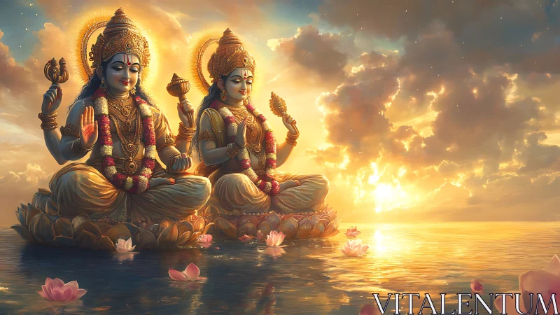 Divine twin deities on lotus thrones in high-detail sunset render