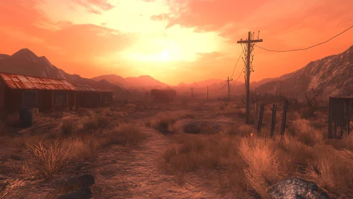Sunset silence over a dusty desert road and empty shacks.