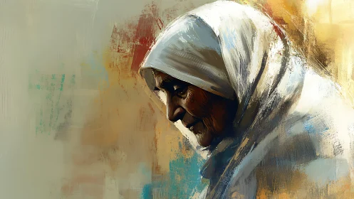 Gentle elder in a white shawl bathed in soft golden light.