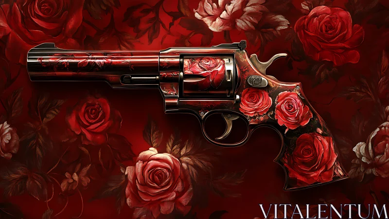 Digital painting revolver with baroque red rose inlays on red field.