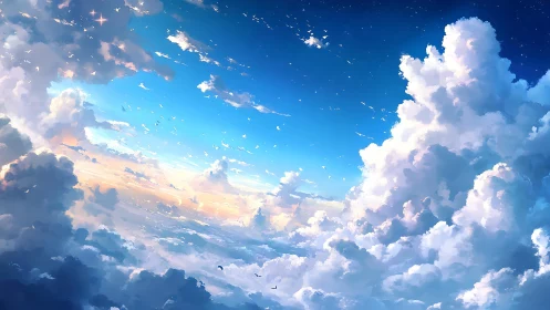 Expansive digital skyscape with dense cumulus cloud formations.