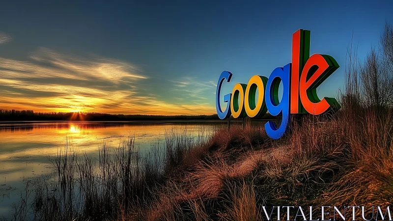 Google logo rises above reflective lake at dramatic sunset.