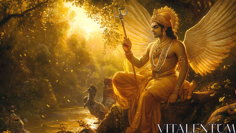 Winged golden deity seated in sunlit forest landscape.