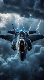 Stealth fighter jet flying through storm clouds with lightning.