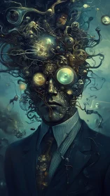 Suited humanoid figure with biomechanical and aquatic headforms