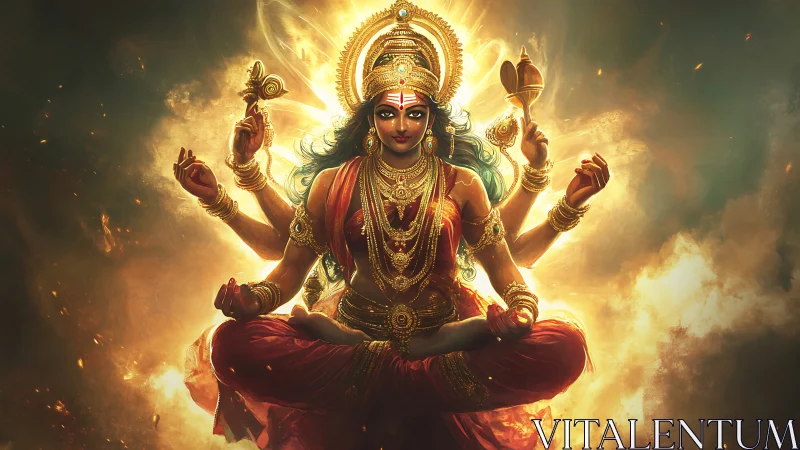 Multi-armed goddess figure in radiant digital composition.