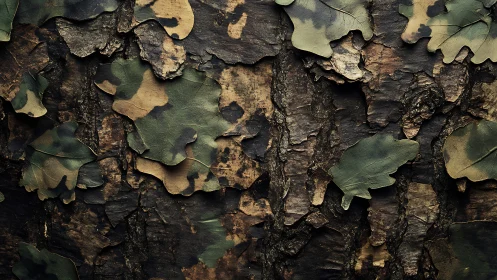 Camouflage-patterned oak leaves merge seamlessly with rugged bark