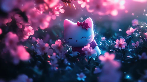 Cartoon cat figurine in pink illuminated flower garden.