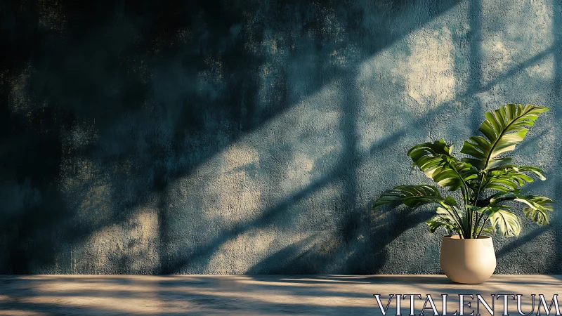 Monstera plant in raking window light against textured blue wall
