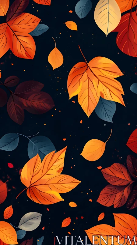 Midnight autumn leaves drifting through ember-dark silence.