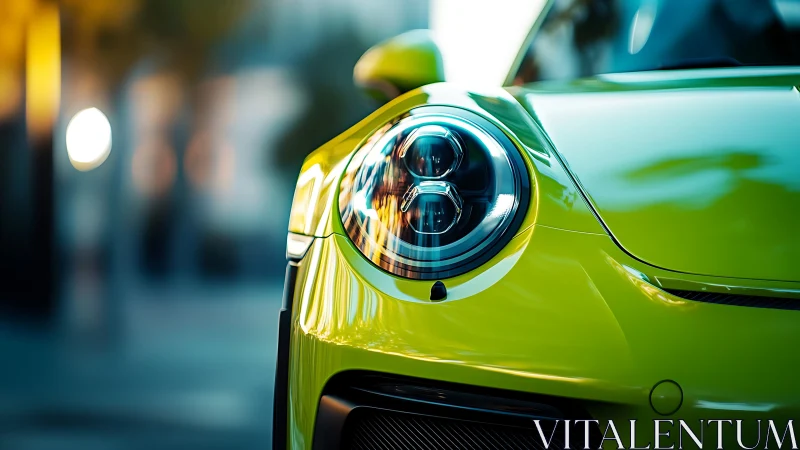 Lime-green sports coupe headlight in cinematic urban light.
