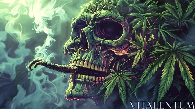 Lush green skull of leaves wrapped in swirling dreamy smoke.