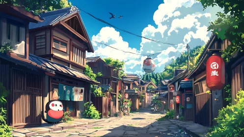 Sunny traditional Japanese street shows quiet summer charm