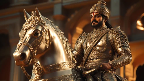 Golden equestrian warrior statue with ornate royal armor.