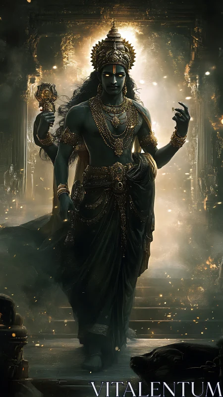 Divine warrior deity emerging from radiant temple haze.