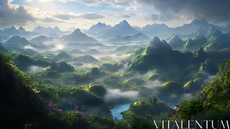 Volumetric dawn over fractal jungle karst valley basin.