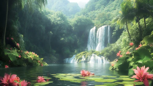 Tropical waterfall lagoon with lush lotus shoreline panorama.
