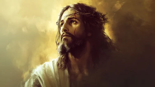 Portrait of a sorrowful bearded man with thorn crown.