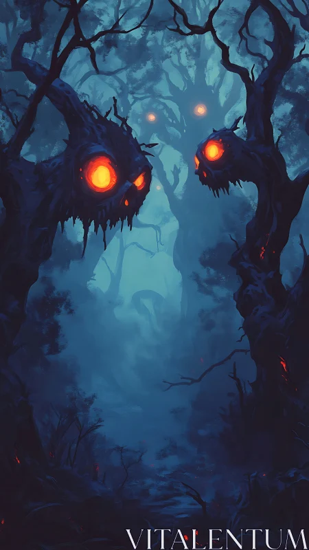 Glowing-eyed tree forms in dense blue nocturnal forest.