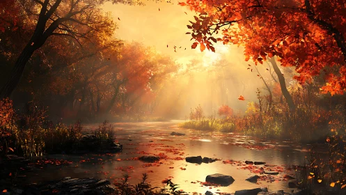Autumn forest river under warm golden sunlight glow.