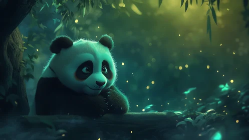 Bioluminescent forest tableau with contemplative panda cub.