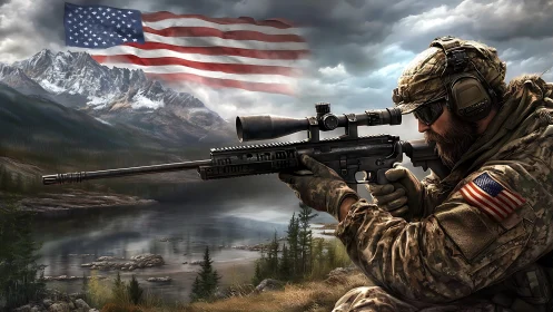 Precision Marksman in Mountainous Terrain with Scoped Rifle Configuration.