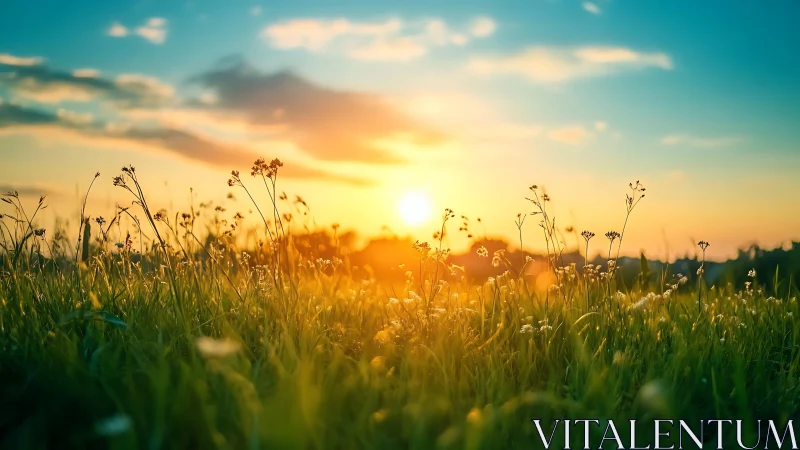 Sunlit wildflower meadow lies under low evening sun glow