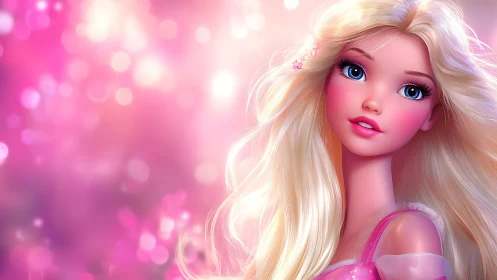 Blonde doll-like character in luminous pink bokeh portrait.