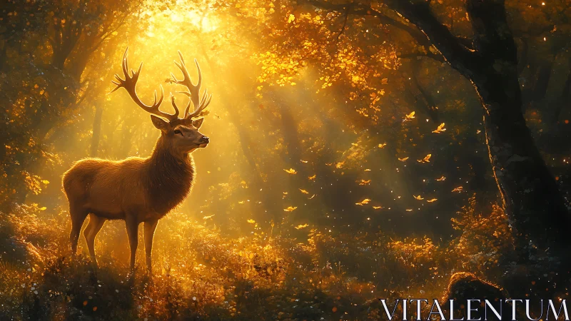 Majestic deer in golden autumn forest, glowing sunlight, magical realism.