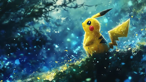 Pikachu resting in a sparkling forest of soft blue light.